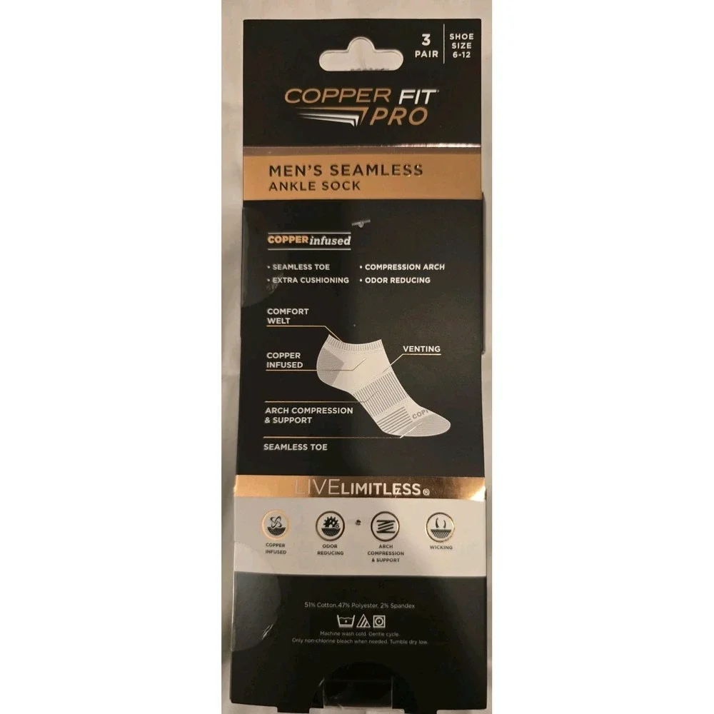 Copper Fit Infused Seamless Mens Ankle Socks‎ 3 Pairs ,  Size   6-12